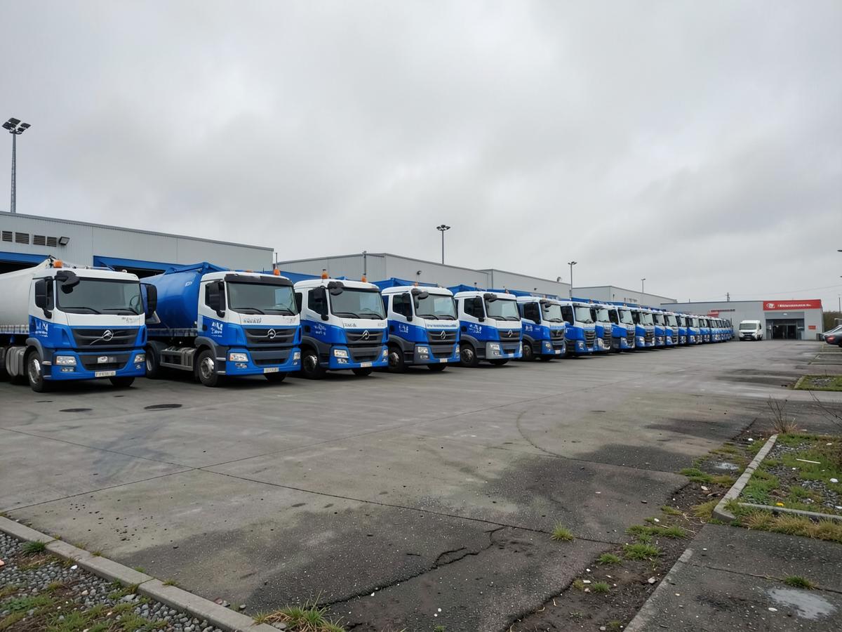 Row of owned transport trucks at a depot
