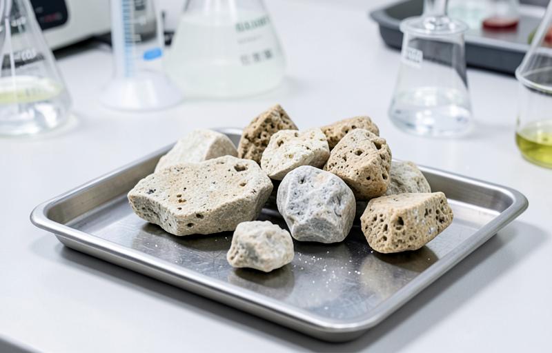 Rock phosphate samples in a laboratory