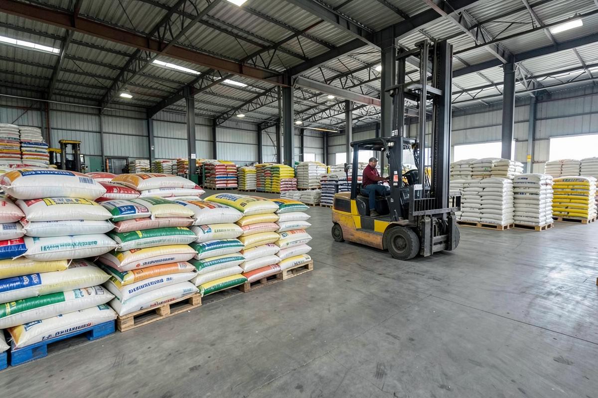 Fertilizer bags stacked in an industrial warehouse